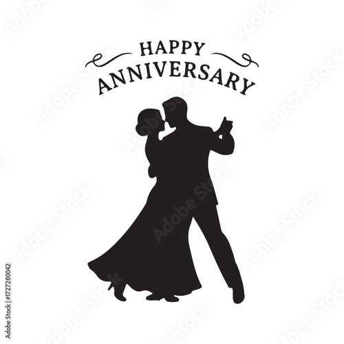 Obraz na plátně Couple dancing silhouette with “Happy Anniversary” above