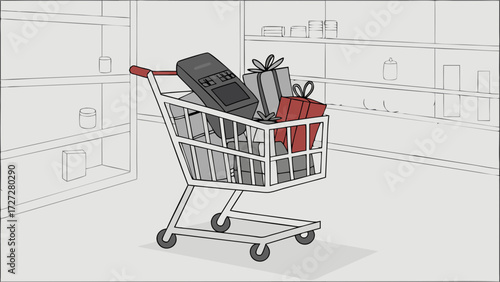 Shopping Cart Full of Presents and Electronic Gadget in Minimalist Retail Store Aisle Illustration, Consumerism and Gift Giving Concept