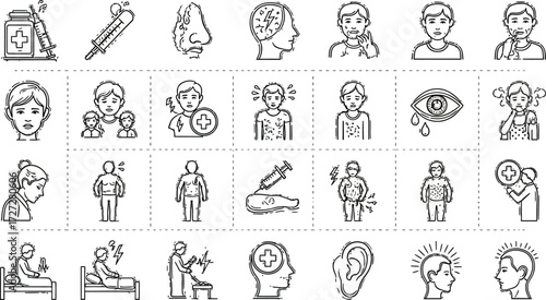 Medical symptoms and health problems line icons set vector illustration design