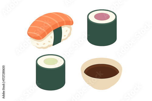 Sushi rolls and sashimi with dipping sauce displayed on a table