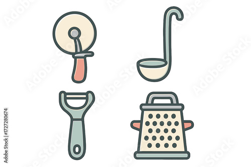 Cooking utensils collection featuring a pizza cutter, ladle, peeler, and grater for meal preparation in a kitchen setting