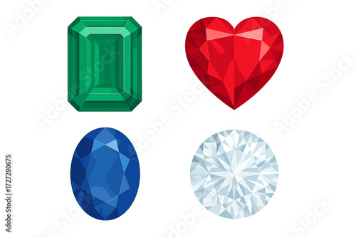 Colorful collection of gemstones and crystals showcasing emerald, ruby, sapphire, and diamond in various shapes