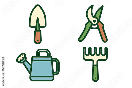 Gardening tools displayed with a trowel, pruning shears, watering can, and rake in a clean design