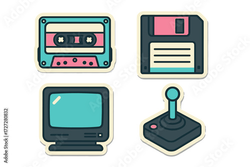 Retro technology icons including cassette tape, floppy disk, computer monitor, and joystick displayed together
