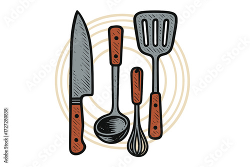 Kitchen tools arranged on a light background with circular lines for a simple design theme