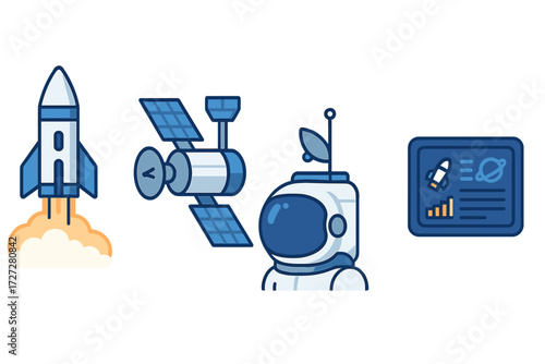 Rocket launch and space exploration elements with a satellite and astronaut in simple design