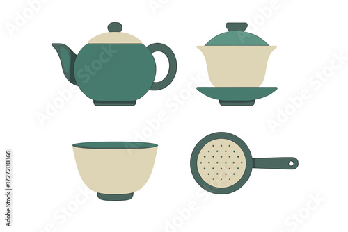 Elegant tea set displayed with teapot, sugar bowl, mug, and strainer in soothing green and cream colors