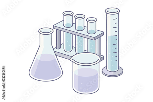 Various laboratory glassware displayed on a clean surface during a science experiment setup in a bright environment