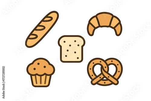 Various types of baked goods including bread, croissant, muffin, and pretzel arranged together in simple design