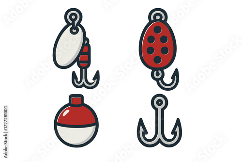 Various fishing lures and hooks displayed on a light background, showcasing bright colors and distinctive designs for anglers