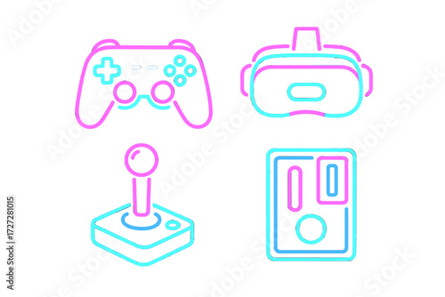 Colorful icons of gaming controllers and virtual reality headset showcasing modern gaming culture and technology