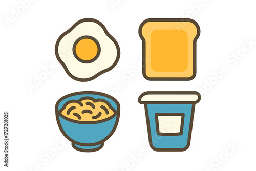 Breakfast items including an egg, toast, pasta, and yogurt arranged neatly on a simple background