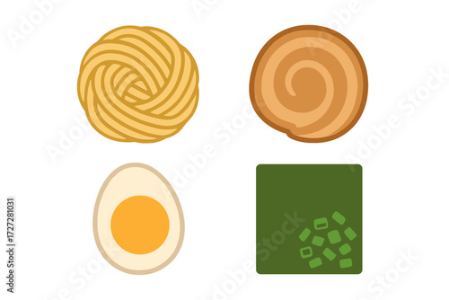 Different types of noodles and toppings arranged in a creative design for a menu or culinary presentation