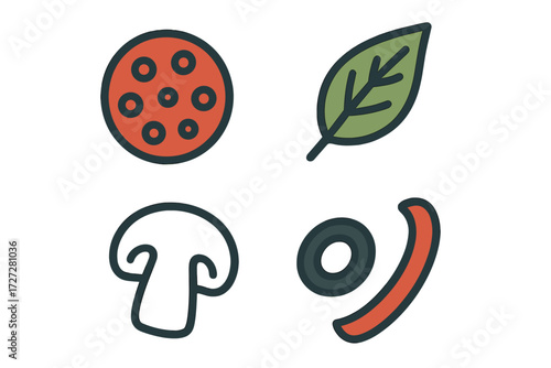 Colorful illustrations of pizza ingredients including pepperoni, mushroom, leaf, and sausage on a simple background