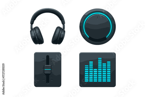 Modern audio equipment set with headphones, volume control knob, slider, and equalizer in sleek design for music enthusiasts