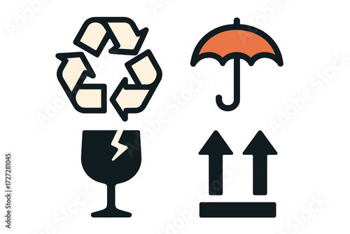 Symbols representing recycling, fragility, and handling instructions for safe transportation of items