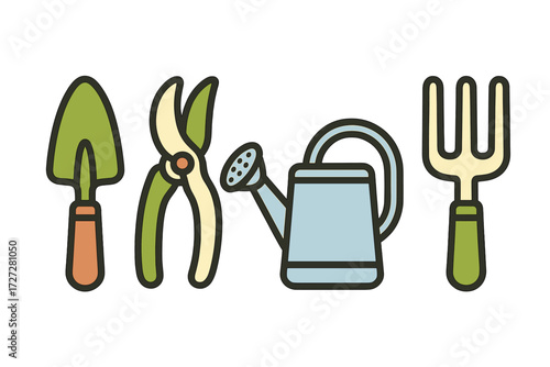 Garden tools set including shovel, pruners, watering can, and fork for planting and maintenance tasks in home gardens