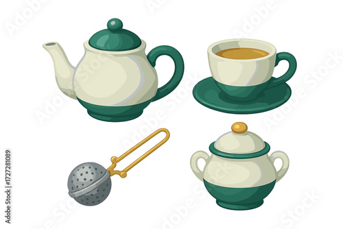 Beautiful green and cream teapot set with cup, saucer, strainer, and sugar bowl on a white background