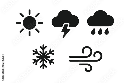 Different weather symbols representing sun, storm, rain, snow, and wind in a simple and clear design for weather-related concepts
