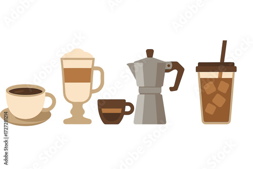 Different types of coffee drinks and a coffee maker displayed in a simple, colorful design