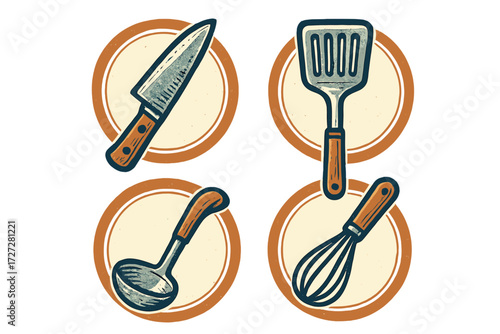 Kitchen utensils arranged on circular backgrounds for culinary creativity and cooking inspiration themed design