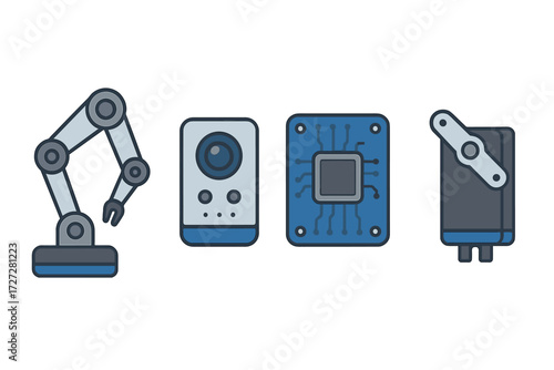 Robotic arm, camera, microchip, and electronic component illustrating advanced technology in engineering