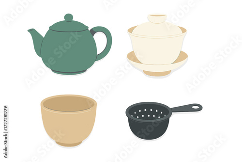 Collection of modern kitchen teaware displayed against a plain white background