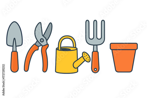 Gardening tools arranged neatly on a white background for planting and care activities
