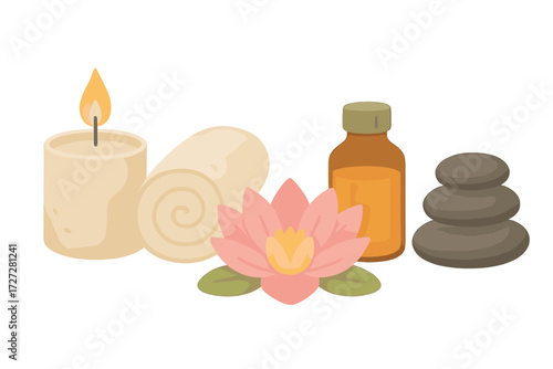 Relaxing spa setup with candles, essential oil, and lotus flower in tranquil setting