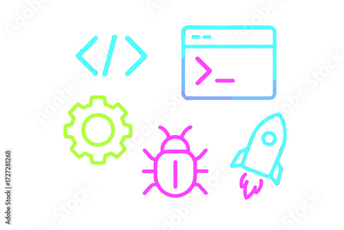 Colorful coding symbols representing software development and debugging processes in a modern digital workspace