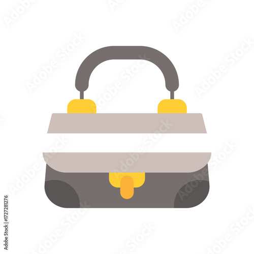 A grey handbag with yellow accents sits 