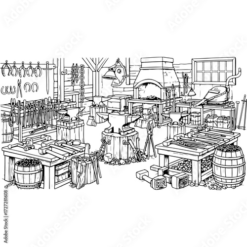 Vintage-style line art illustration for a coloring book showing a busy medieval or fantasy market stall with various goods like barrels, baskets, crates, vegetables, and jars, emphasizing the rustic a