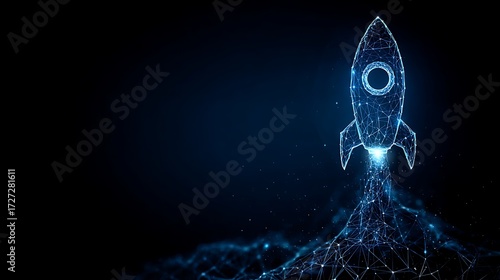 Futuristic Digital Rocket Launch in Dark Space with Blue Light Effects