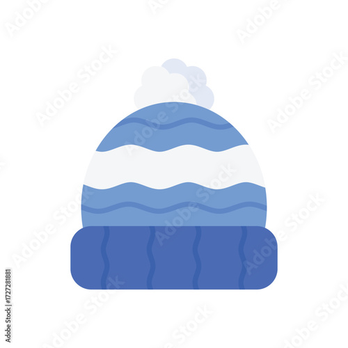 A blue white and gray winter hat with a pompom