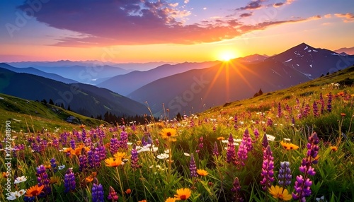 Fototapeta Naklejka Na Ścianę i Meble -  Colorful mountain meadow at sunset (2)