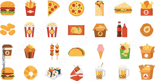 Fast food vector illustration set with burger pizza and fries takeout concept