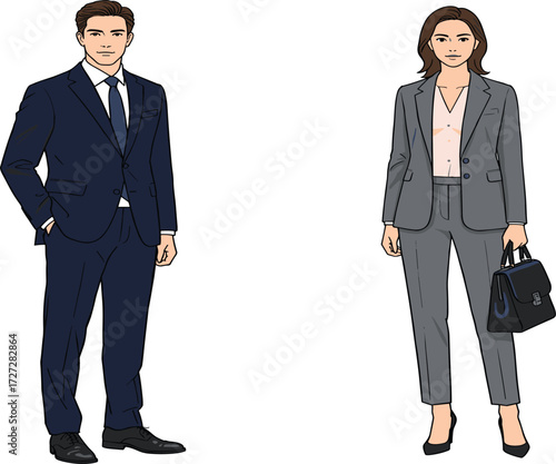 Business professionals in formal attire standing confidently, office workers in corporate fashion, workplace diversity, teamwork, leadership, career success concept illustration