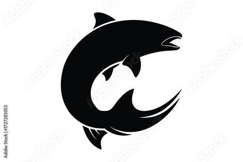 Black silhouette of a leaping salmon fish with open mouth on white background jumping
