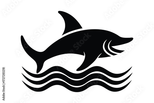 Black Silhouette of a Shark Jumping Over Waves shark, silhouette, black, white