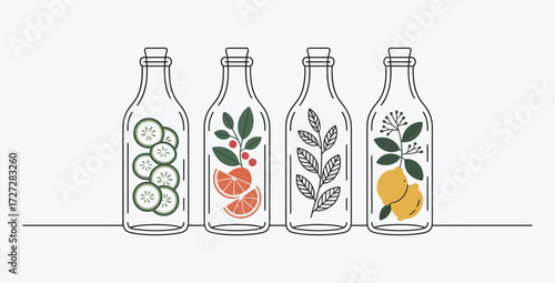 Infused Water Bottles with Fresh Fruit and Herbs Line Art Design