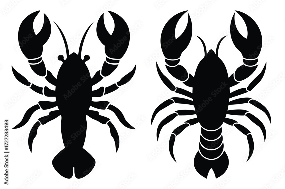 Obraz premium Top View Silhouettes of Two Black Lobsters on White Background crustacean