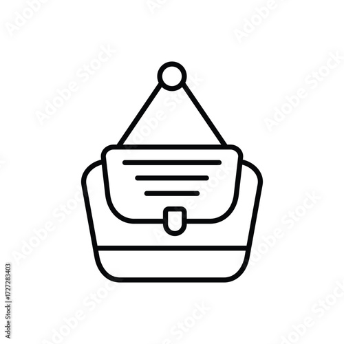 A line art icon showing a purse or handbag hanging Features include handle flap  buckle