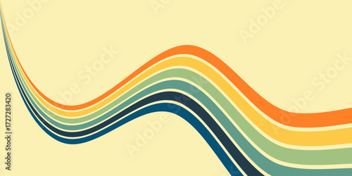Abstract colorful 70s background vector. Vintage retro wallpaper with rainbow stripes and wavy lines. A 1970 color illustration suitable for posters, banners, decorative items and wall art.