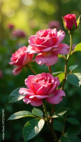 Wallpaper Mural Vibrant rose pink roses, sunlight dappled leaves, natural garden setting , delicate, wallpaper background, romantic Torontodigital.ca