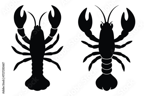 Two Black Lobster Silhouettes Facing Each Other on White Background Keywords: lobster, crayfish