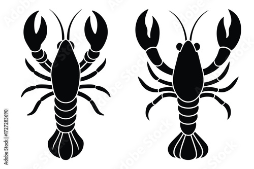 Two Black Lobster Silhouettes Facing Each Other on White Background Keywords: lobster, crayfish