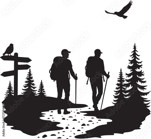 Two hikers with backpacks and poles on a rocky path near trees with a bird and eagle