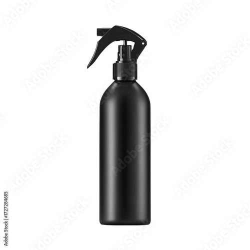 A matte black spray bottle with a black trigger sprayer, isolated on a transparent background, perfect for product mockups and design presentations