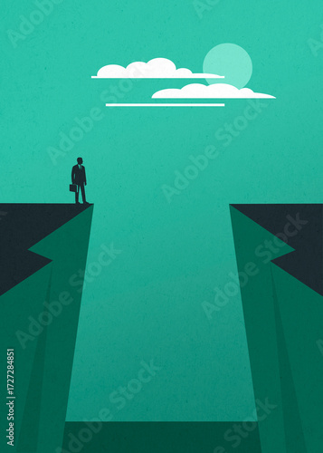 Businessman on cliff facing gap symbolizing challenge and decision