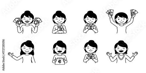 Four vector icons of a woman happy holding money

